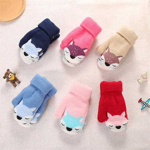 Fashion Children Winter Knit Glove Cut Little Fox Pattern Double Thickening Warm gloves Jacquard Kids Lanyard Mittens