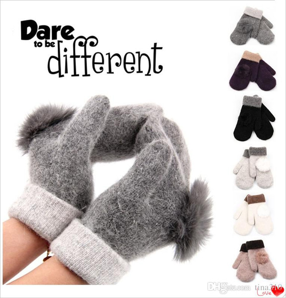 Women 's wool gloves Mittens gloves thicker warm gloves winter gloves Hair ball gloves solid color wholesale A0322