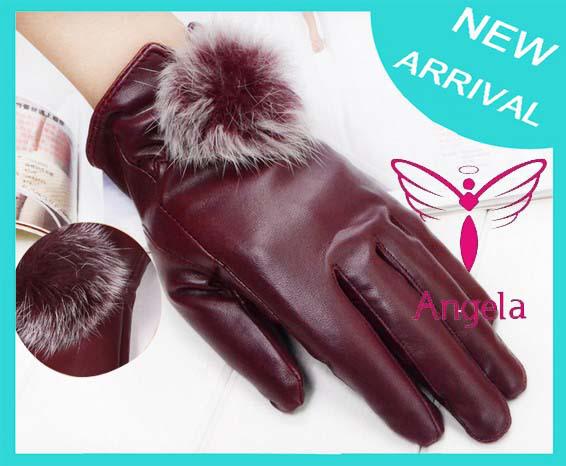 2013 women's winter Waterproof leather gloves rabbit fur ball thermal gloves high quality PU gloves/Warm Christmas Gift WG-011