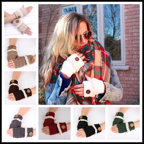 Brief Mittens for Girls Knitted Fingerless Gloves Autumn Winter Warmer 7 Solid Colors Hand Gloves with Buttons Lace