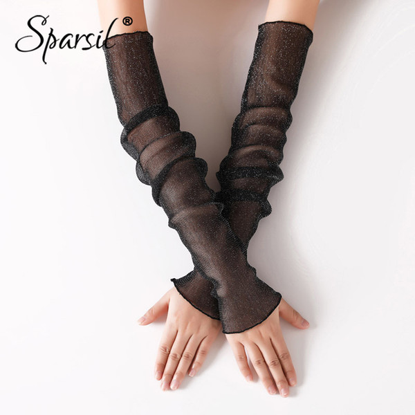 Sparsil Ladies Solid Long Fingerless Gloves Ice Lace Thin Breathable Sunscreen Summer Driving Mittens Mesh Sleeve Dual-Use 50CM S914