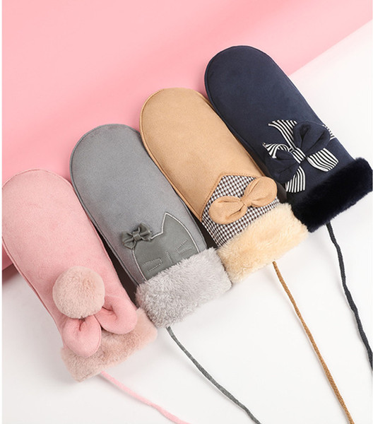 Women lovely Suede mittens Gloves ladies Fashion Autumn Winter outdoor cycling velvet warm thick Hanging neck wrap Fingers Gloves Mittens