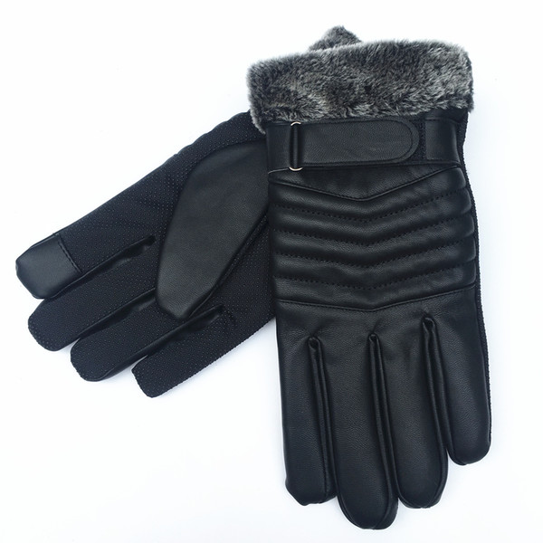 Men's Washable Leather Thickened Warm Gloves with Fleece Windproof and Non-slip Touch Screen Cotton Gloves of New Quality