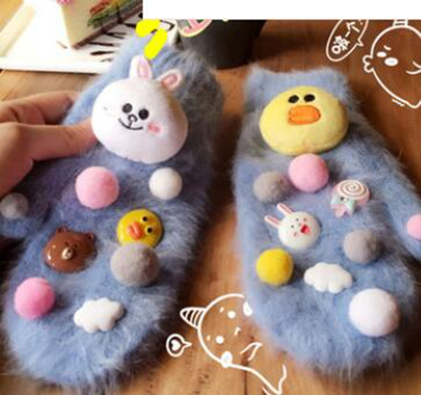 Cartoon Character Gloves Elastic Women Fur Mittens Lady Girls Real Rex Rabbits Fur Gloves Fingerless Knitted Mittens