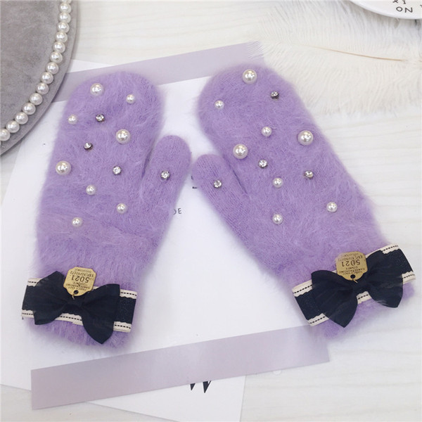 Korea east gate genuine goods daigou heavy industry nail bead large pearl diamond lace bow rabbit hair thickened gloves