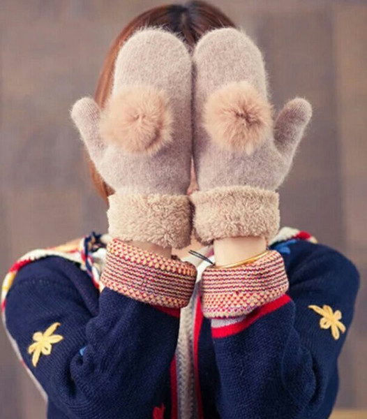 Korean lovers' mittens female in winter warm lovely bag with thick and fluffy rabbit fur gloves