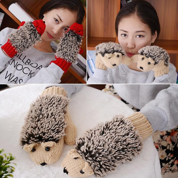 New 8 Colors Girls Novelty Cartoon Winter Gloves for Women Knit Warm Fitness Gloves Hedgehog Heated Villus Wrist Mittens