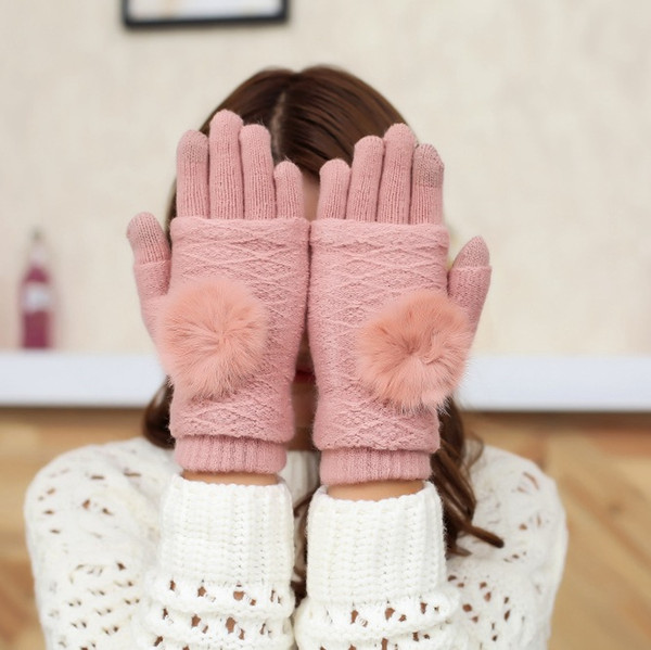 Detachable Dual Layer Winter Gloves Womens Warm Pompoms Fur Ball Fingerless Glove Touchscreen Mittens Knit Wool Gloves