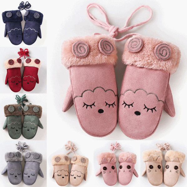 Winter Gloves Kids Girls Boy Children Faux Suede Rabbit Fur Twist Gloves with Full Finger Warm Mittens with Long Rope