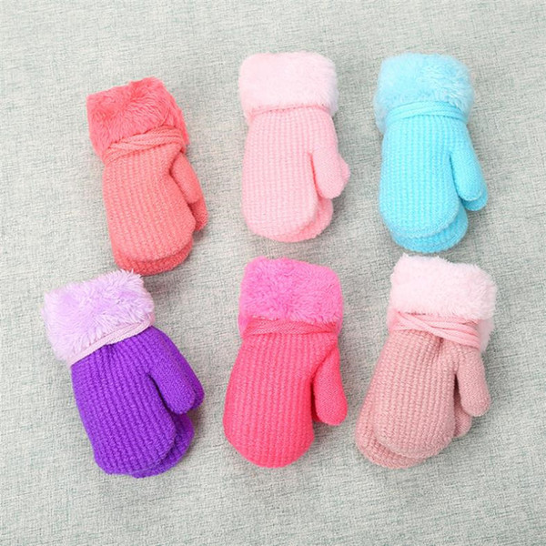 Fashion Children Winter Knit Glove Solid Color Double Thickening Warm gloves Jacquard Kids Lanyard Mittens 6 Colors Available