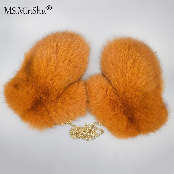 MS.MinShu Genuine Fox Fur Gloves Natural Fox Fur Mittens Suede Leather Winter Thicken Gloves Unisex Fashion Fluffy Gloves