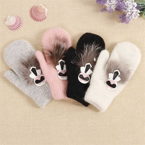 Cute 4-8 Years Old Children Winter Warm Cartoon Villain Knit Rabbit Hair Mittens Boy/Girls Fur Wool Knit Kids Soft Gloves