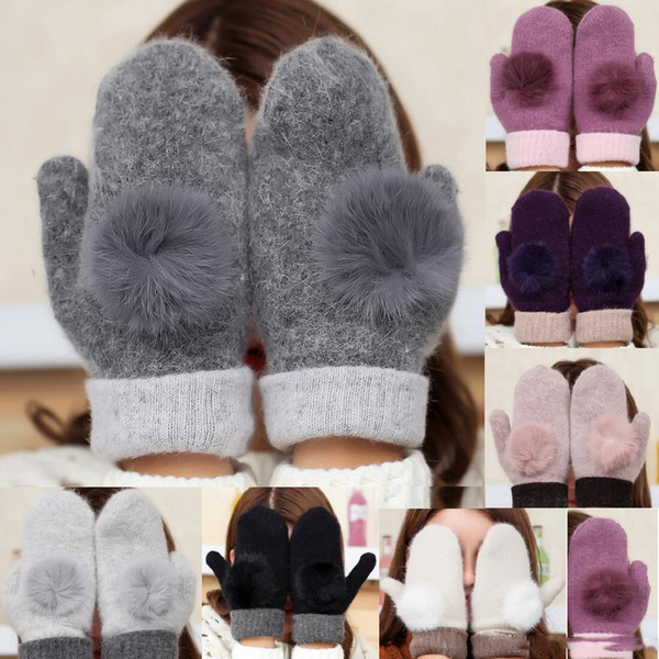 Fashion Women's Gloves for Winter and Autumn Wool Mittens Gloves with Lovely Fur Ball Outdoor sport warm Winter Gloves