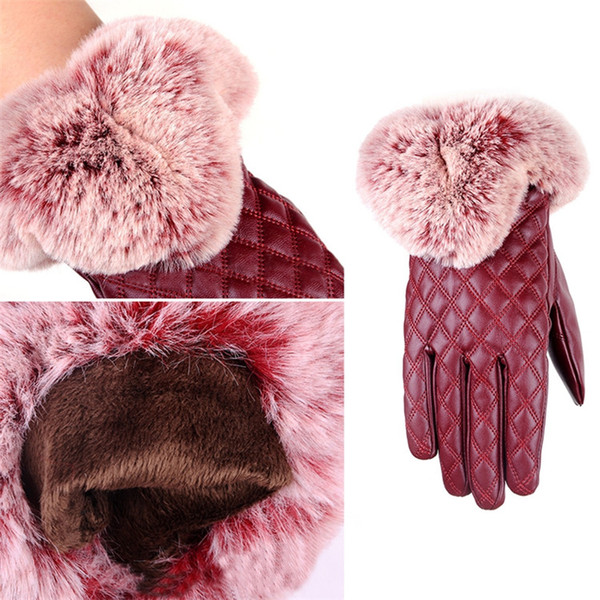 Wholesale New High Quality Women Fashion Warm Thicken Elegant PU Leather Faux Fur Wrist Winter Gloves