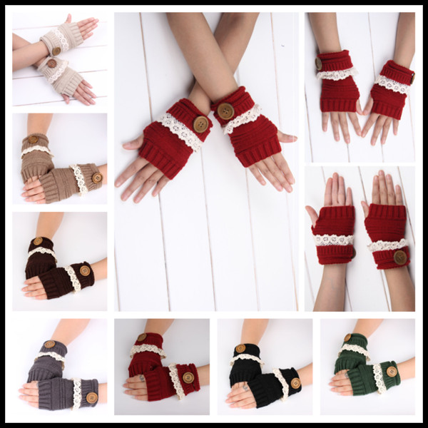 Fashion Mittens for Girls Knitted Fingerless Gloves Autumn Winter Warmer 7 Solid Colors Hand Gloves with Buttons Lace