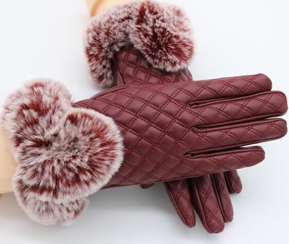 High quality windbreak leather gloves ladies touch screen rabbit hair autumn and winter warm windbreak fashion outdoor cycling gloves