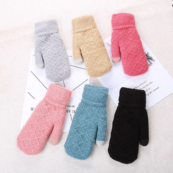 Winter women's pure-color mittens for men and women couples student knitted double-decker wool plucking and warmth preservation