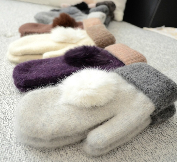 Woolen Gloves Warm And Soft Winter Ladies Mittens Solid Colors Grace Rabbit Fur Ball Double Layer Match Colors 10pcs