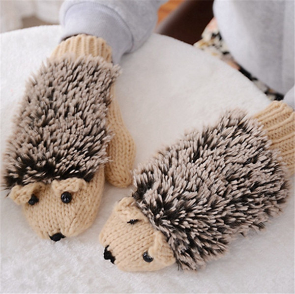 New 7 Colors Girls Novelty Cartoon Winter Gloves for Women Knit Warm Fitness Gloves Hedgehog Heated Villus Wrist Mittens