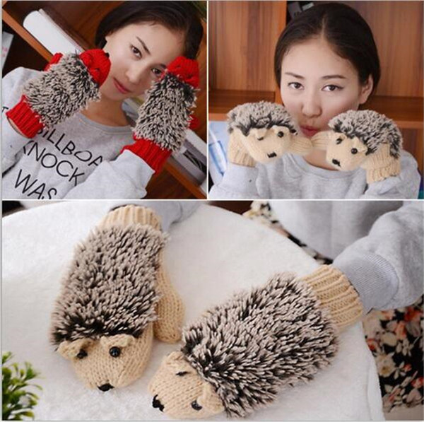 50pcs 9 colors Novelty Cartoon Winter Gloves for Women Knit Warm Fitness Gloves Hedgehog Heated Villus Wrist Mittens R194