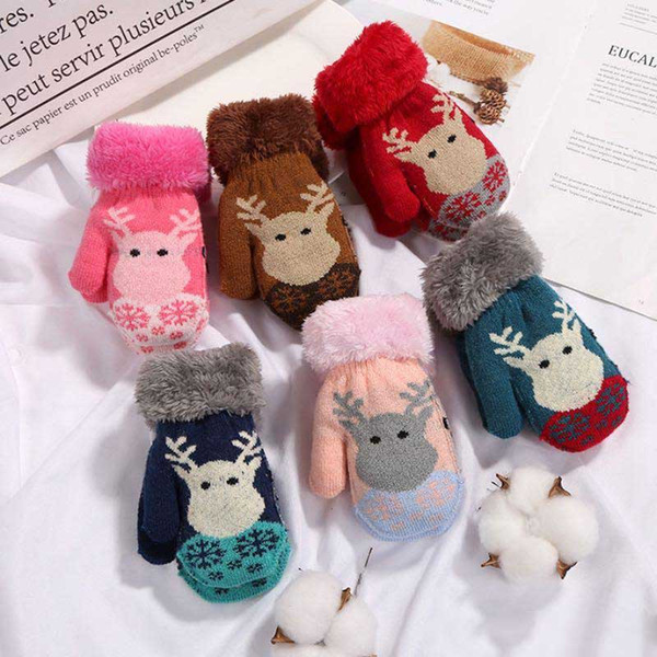 2018 Hot Sale Winter Elk Head Children Knitted Gloves Thickening Warm Kids Mittens With Hanging Rope 6 Colors Wholesale