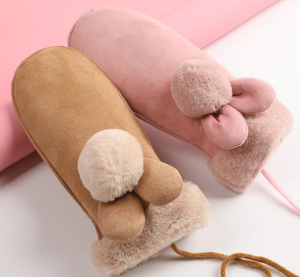 Ladies winter gloves Winter Female Lace Warm Cashmere Three Ribs Cute rabbit Mittens Double thick Plush Wrist gloves GA571