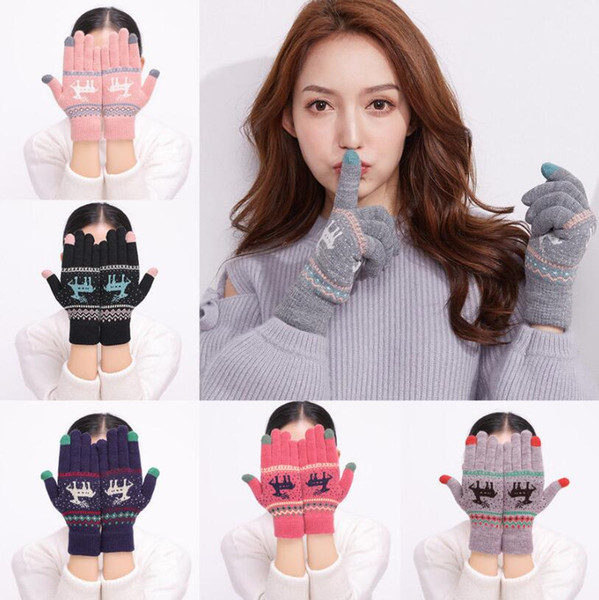 Women Elk Knit Gloves 6 Colors Cute Deer Touch screen Five Fingers Warm Winter Gloves Mittens Xmas Gift 2pcs/pair LJJO5879