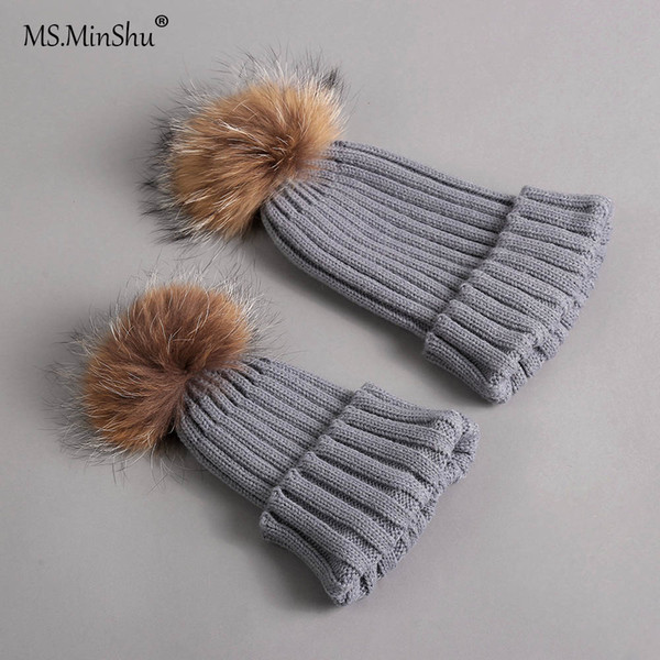 MS.MinShu Hat With Fur Pompom Parent-Child Fur Cap Fox Fur Pompom Cap Winter Beanies with Bobble Hat