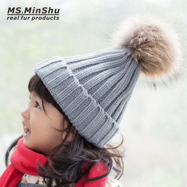 Kids Bobble hat Big Fur Top Thick Skullcap Children Beanie Hat with Fur Pompom Raccoon Fox Fur Ball Knit Child Cotton Cap Hat