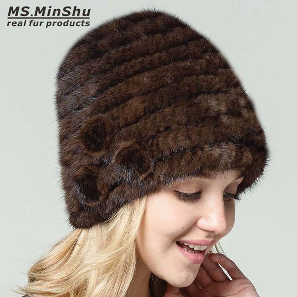 Real Fur Hat Women Genuine Fur Beanies Caps Genuine Mink Hat Winter Fashion Female Hand Knitted with Fur Flowers Ms.MinShu
