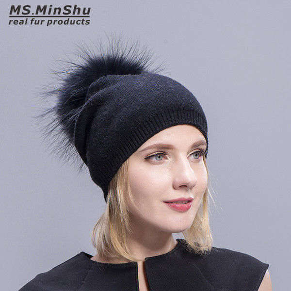 Cashmere Hats For Women Pompom Beanies Fur Hat Female Warm Caps With Real Raccoon Fur Pompom Bobble Hat Adult