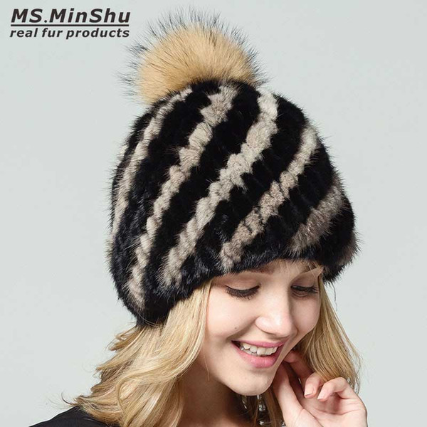 Mink Beanies Cap With Fox Fur Pompoms For Women Female Cap Winter Knitted Real Fur Hat Women Bobble Hat Ms.MinShu