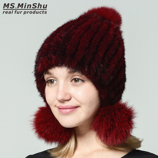 Genuine Mink Hat Women Winter Fur Hat with 3 Balls Real Fur Cap Fashion Ladys Bobble Beanies Fox Fur Balls Ms.MinShu