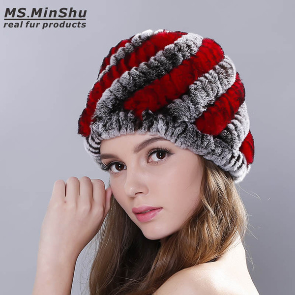 Real Rex Rabbit Fur Hat Winter Female Hat Knit Genuine Fur Beanies Cap Hand Knitted Thickness Cap for Winter Rabbit Fur Hat Ms.MinShu