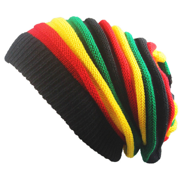 Casual Skull Caps Rainbow Color Stripe Splicing Warm Hats Folds Melaleuca Slouchy Wool Knitted Beanie For Men And Women 8jb B