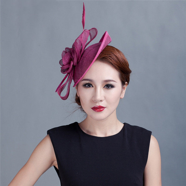 2018 New Fashion Women Hairpin Hat Linen Feather Bridal Hair Accessories Elegant Top Hats Wedding Party Travel Masai Hat wholesale