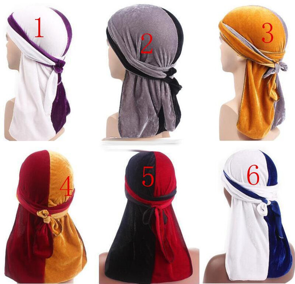 Double Color Velvet Turban Hat Durag Hip Hop Headwear Headscarf Long Tail Headwrap Skull Cap Pirate Hat Bandana For Men And Women