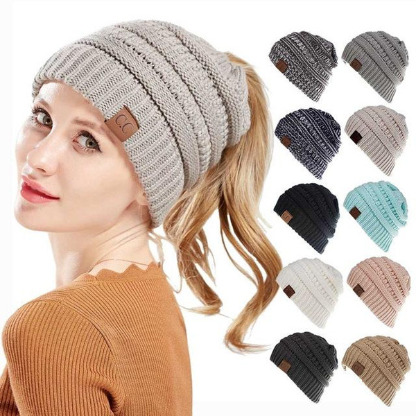 CC Caps CC Knitted Beanie Fashion Girls Winter Warm Hat Back Hole Pony Tail Autumn Casual Beanies 15 Colors 1pcs