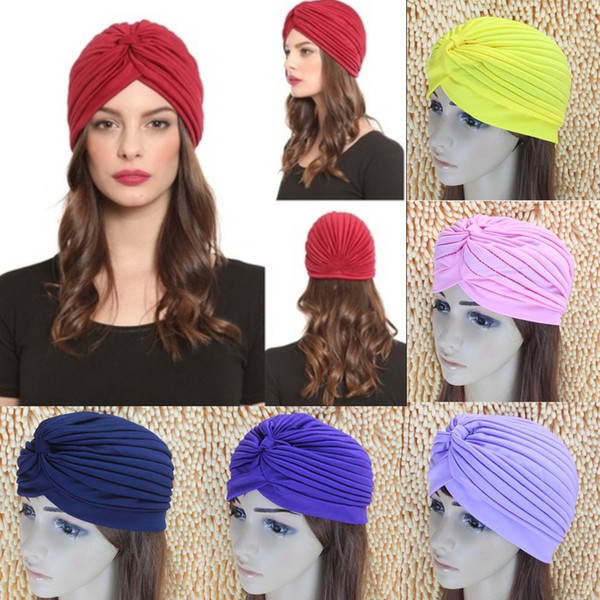 Hot!!! Top Quality Stretchy Turban Head Wrap Band Sleep Hat Chemo Bandana Hijab Pleated Indian Cap 35 Colors Factory Price