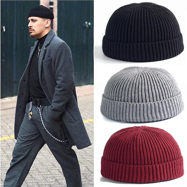 Men Knitted Hat Wool Blend Beanie Skullcap Cap Brimless Hip Hop Hats Casual Black Navy Grey Retro Vintage Fashion New