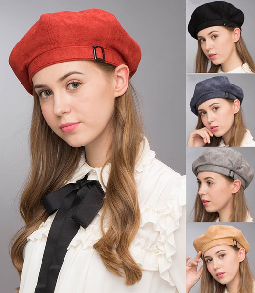 Stand Focus Suede Beret French Beanie Painter Hat Cap Women Female Artist Fashion Great Shape Cotton Newsboy Red Black Navy Camel Buckle