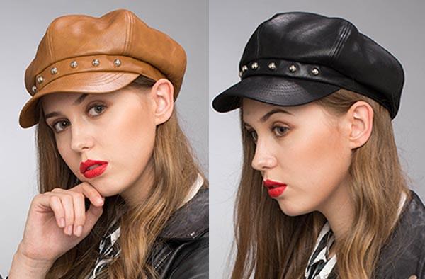 Stand Focus Women Faux Leather Studs Cabby Baker Boy Gatsby Hat Newsboy Cap Ladies Fashion Fall Winter Black Brown Stylish Cool