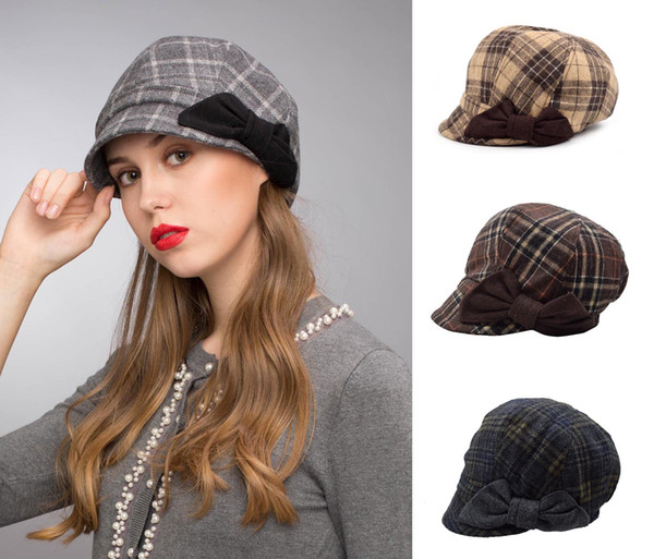 Stand Focus Women Cabbie Baker Boy Gatsby Women Hat Newsboy Cap Ladies Fashion Wool Tweed Check Plaid Tartan Fall Winter Gray Brown Bow