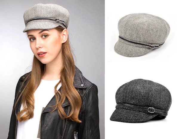 Stand Focus Wool Tweed Herringbone Baker Boy Cabbies Gatsby Women Hat Newsboy Cap Ladies Fashion Lurex Fabric Fall Winter Light Gray Buckle