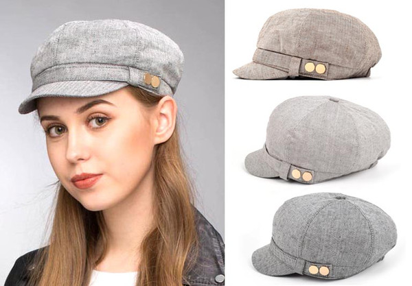 Stand Focus Baker Boy Cabbie Gatsby Women Hat Newsboy Cap Ladies Fashion Cotton Linen Herringbone Fabric Spring Summer Fall Double Studs