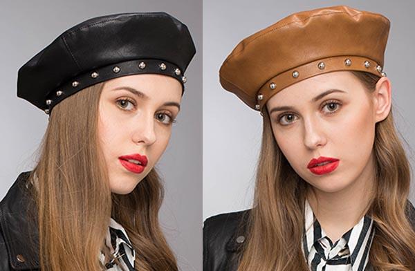 Stand Focus Women Faux Leather Studs French Beret Painter Flat Baker Boy Hat Newsboy Cap Ladies Fashion Fall Winter Black Brown Stylish Cool