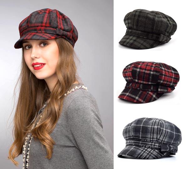 Stand Focus Women Cabby Baker Boy Gatsby Women Hat Newsboy Cap Ladies Fashion Wool Tweed Check Plaid Tartan Fall Winter Red Green Black