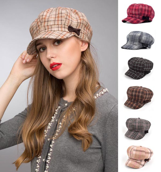 Stand Focus Women Cabby Baker Boy Gatsby Women Hat Newsboy Cap Ladies Fashion Wool Tweed Check Plaid Tartan Fall Winter Pink Brown Gray