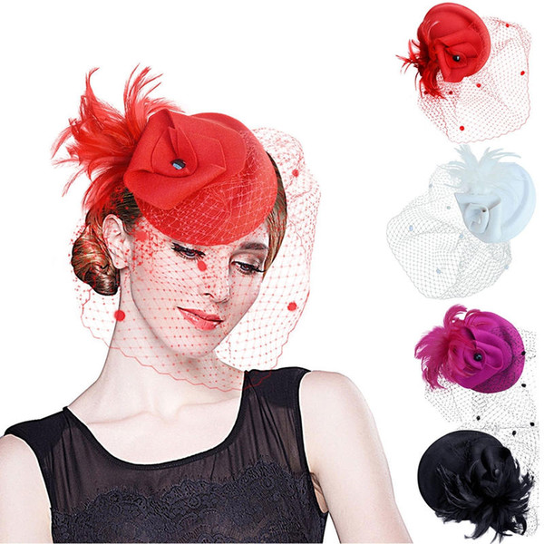 Womens Stylish Feather Veil Wool Felt Fascinator Rhinestone Cocktail Party Pillbox Hat Wedding Event Headband A251