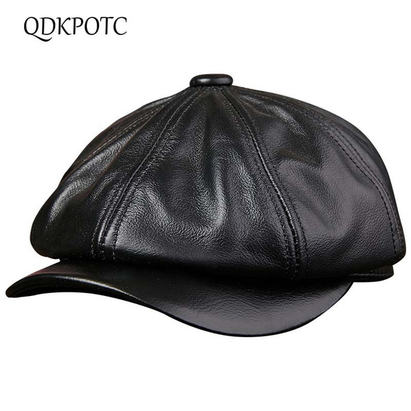 QDKPOTC 2018 Men's Real Genuine Cow Leather Brand Newsboy /Beret Hat Octagonal Cap Winter Warm Caps& Men With Ears Ear Flap Hats